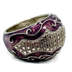 Purple Ring, Enamel, Sterling Silver, Vintage Ring, Size 4 3/4, Big, Unique, CZs